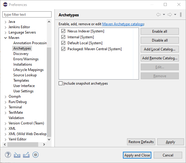 Eclipse Preferences: Maven Archetypes