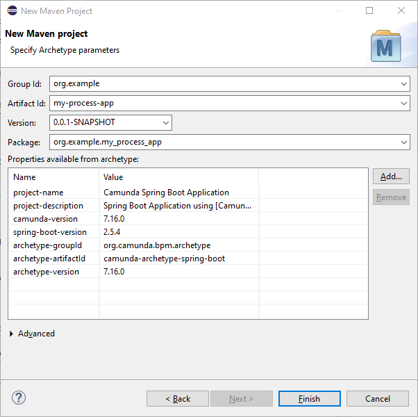 Eclipse: Specify Maven coordinates and Camunda version