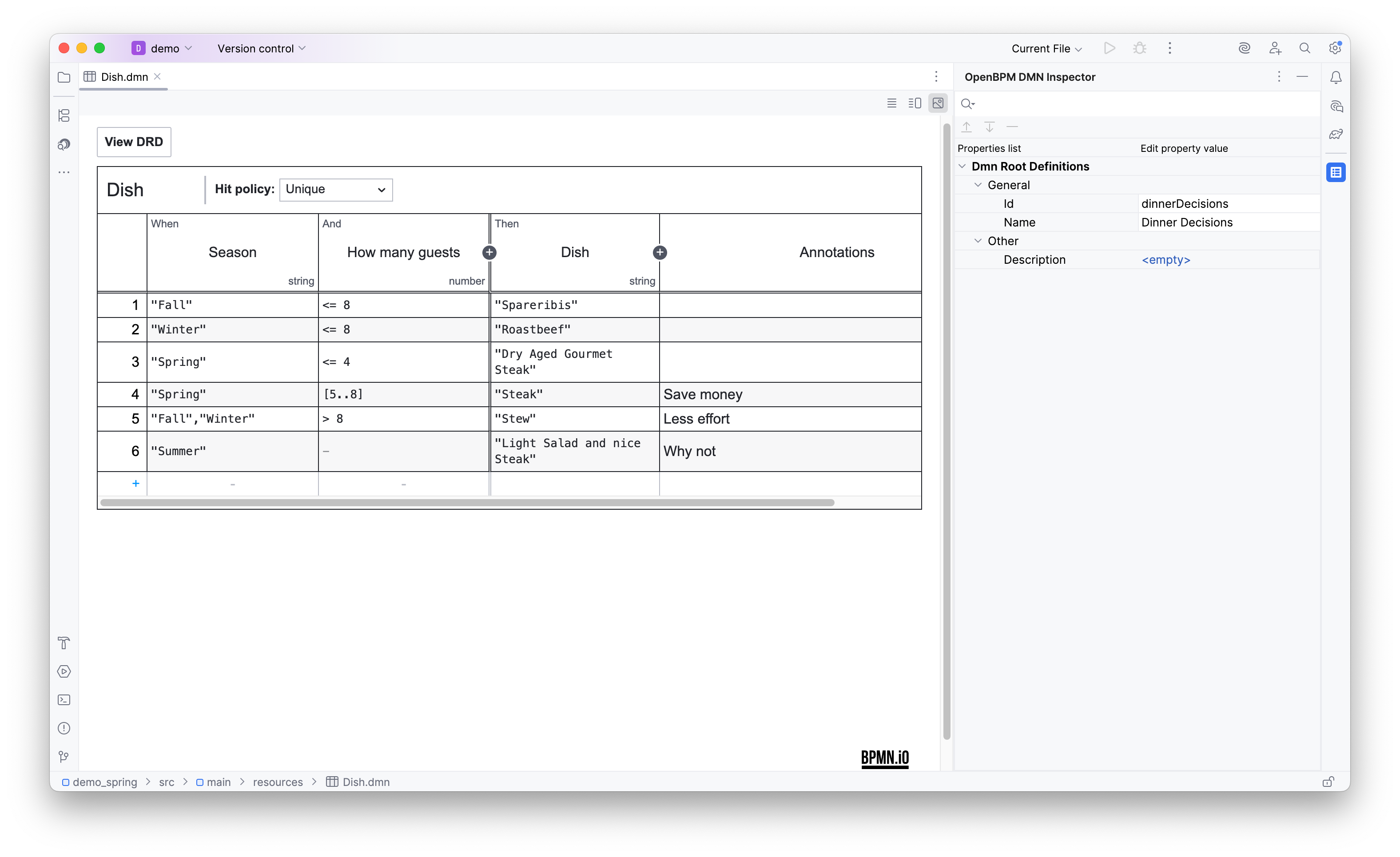 dmn table editor interface